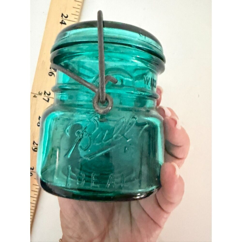 vtg teal ball ideal bicentennial half pint mason jar with wire bail